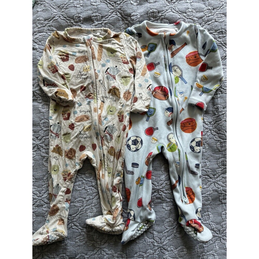 Angel Dear Lot 2 Footie Pajamas 6-9m Zip Bamboo Organic Cotton Breakfast Sports
